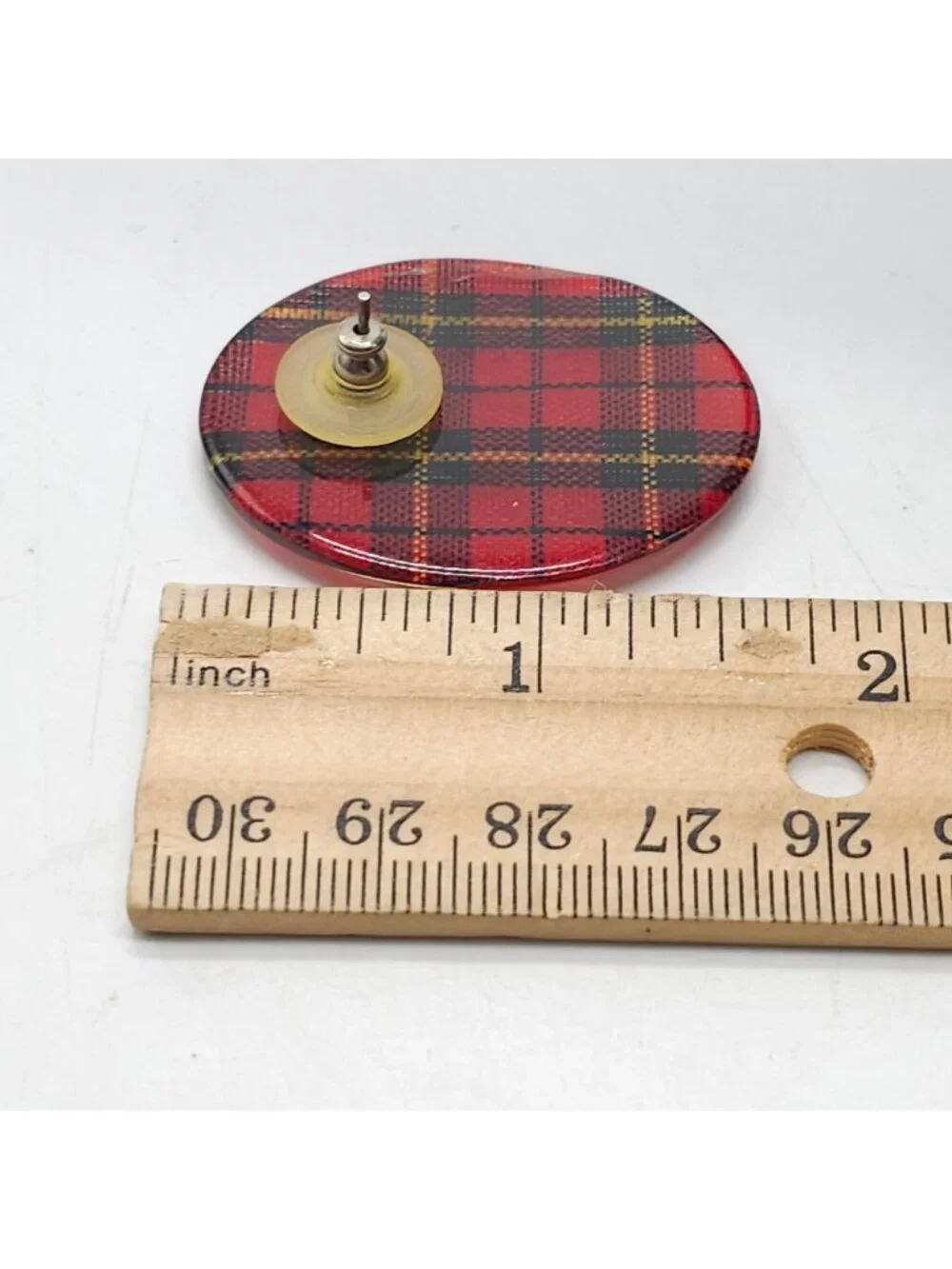 Red Tartan Plaid Oval Button Stud Earrings Vintage Design 1.5 Inches